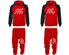 Load image into Gallery viewer, Mr and Mrs matching top and bottom set, Black Red raglan hoodie and sweatpants sets for mens, raglan hoodie and jogger set womens. Matching couple joggers.