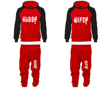Load image into Gallery viewer, Hubby and Wifey matching top and bottom set, Black Red raglan hoodie and sweatpants sets for mens, raglan hoodie and jogger set womens. Matching couple joggers.