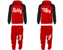 Load image into Gallery viewer, Hubby and Wifey matching top and bottom set, Black Red raglan hoodie and sweatpants sets for mens, raglan hoodie and jogger set womens. Matching couple joggers.