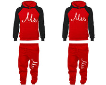 Load image into Gallery viewer, Mr and Mrs matching top and bottom set, Black Red raglan hoodie and sweatpants sets for mens, raglan hoodie and jogger set womens. Matching couple joggers.