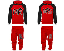 Load image into Gallery viewer, Mr Mrs matching top and bottom set, Black Red raglan hoodie and sweatpants sets for mens, raglan hoodie and jogger set womens. Matching couple joggers.