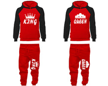 Load image into Gallery viewer, King and Queen matching top and bottom set, Black Red raglan hoodie and sweatpants sets for mens, raglan hoodie and jogger set womens. Matching couple joggers.