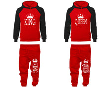 Load image into Gallery viewer, King and Queen matching top and bottom set, Black Red raglan hoodie and sweatpants sets for mens, raglan hoodie and jogger set womens. Matching couple joggers.