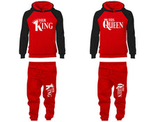 Load image into Gallery viewer, Her King and His Queen matching top and bottom set, Black Red raglan hoodie and sweatpants sets for mens, raglan hoodie and jogger set womens. Matching couple joggers.