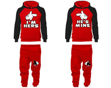 Load image into Gallery viewer, I'm Hers He's Mine matching top and bottom set, Black Red raglan hoodie and sweatpants sets for mens, raglan hoodie and jogger set womens. Matching couple joggers.