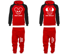 Load image into Gallery viewer, Her Jack and His Sally matching top and bottom set, Black Red raglan hoodie and sweatpants sets for mens, raglan hoodie and jogger set womens. Matching couple joggers.