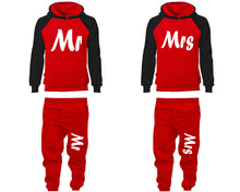 Load image into Gallery viewer, Mr and Mrs matching top and bottom set, Black Red raglan hoodie and sweatpants sets for mens, raglan hoodie and jogger set womens. Matching couple joggers.