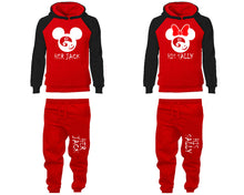 將圖片載入圖庫檢視器 Her Jack and His Sally matching top and bottom set, Black Red raglan hoodie and sweatpants sets for mens, raglan hoodie and jogger set womens. Matching couple joggers.