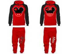 將圖片載入圖庫檢視器 Mickey Minnie matching top and bottom set, Black Red raglan hoodie and sweatpants sets for mens, raglan hoodie and jogger set womens. Matching couple joggers.
