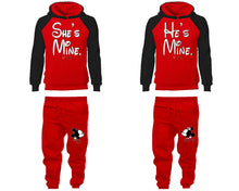 Load image into Gallery viewer, She's Mine He's Mine matching top and bottom set, Black Red raglan hoodie and sweatpants sets for mens, raglan hoodie and jogger set womens. Matching couple joggers.