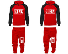 Load image into Gallery viewer, King and Queen matching top and bottom set, Black Red raglan hoodie and sweatpants sets for mens, raglan hoodie and jogger set womens. Matching couple joggers.