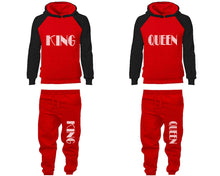 Load image into Gallery viewer, King and Queen matching top and bottom set, Black Red raglan hoodie and sweatpants sets for mens, raglan hoodie and jogger set womens. Matching couple joggers.
