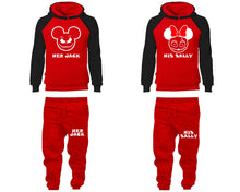 Load image into Gallery viewer, Her Jack and His Sally matching top and bottom set, Black Red raglan hoodie and sweatpants sets for mens, raglan hoodie and jogger set womens. Matching couple joggers.