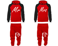 Load image into Gallery viewer, Mr and Mrs matching top and bottom set, Black Red raglan hoodie and sweatpants sets for mens, raglan hoodie and jogger set womens. Matching couple joggers.