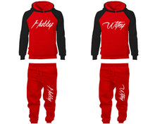 Load image into Gallery viewer, Hubby and Wifey matching top and bottom set, Black Red raglan hoodie and sweatpants sets for mens, raglan hoodie and jogger set womens. Matching couple joggers.
