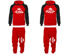 Load image into Gallery viewer, King and Queen matching top and bottom set, Black Red raglan hoodie and sweatpants sets for mens, raglan hoodie and jogger set womens. Matching couple joggers.