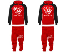 Load image into Gallery viewer, Her Jack and His Sally matching top and bottom set, Black Red raglan hoodie and sweatpants sets for mens, raglan hoodie and jogger set womens. Matching couple joggers.