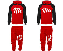 Load image into Gallery viewer, Mr and Mrs matching top and bottom set, Black Red raglan hoodie and sweatpants sets for mens, raglan hoodie and jogger set womens. Matching couple joggers.