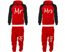 Load image into Gallery viewer, Mr and Mrs matching top and bottom set, Black Red raglan hoodie and sweatpants sets for mens, raglan hoodie and jogger set womens. Matching couple joggers.