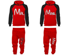 Load image into Gallery viewer, Mr Mrs matching top and bottom set, Black Red raglan hoodie and sweatpants sets for mens, raglan hoodie and jogger set womens. Matching couple joggers.