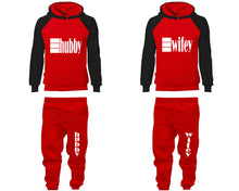 Load image into Gallery viewer, Hubby and Wifey matching top and bottom set, Black Red raglan hoodie and sweatpants sets for mens, raglan hoodie and jogger set womens. Matching couple joggers.