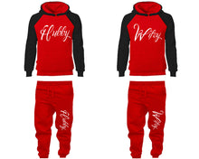 Load image into Gallery viewer, Hubby and Wifey matching top and bottom set, Black Red raglan hoodie and sweatpants sets for mens, raglan hoodie and jogger set womens. Matching couple joggers.