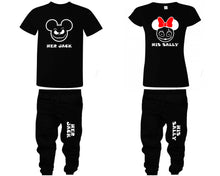 Load image into Gallery viewer, Her Jack and His Sally shirts and jogger pants, matching top and bottom set, Black t shirts, men joggers, shirt and jogger pants women. Matching couple joggers