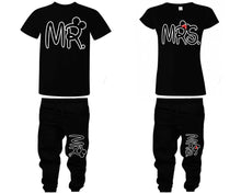 Load image into Gallery viewer, Mr Mrs shirts, matching top and bottom set, Black t shirts, men joggers, shirt and jogger pants women. Matching couple joggers