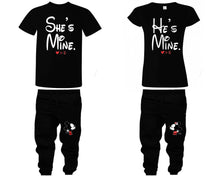 Load image into Gallery viewer, She's Mine He's Mine shirts, matching top and bottom set, Black t shirts, men joggers, shirt and jogger pants women. Matching couple joggers