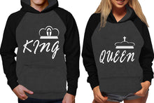 將圖片載入圖庫檢視器 King and Queen raglan hoodies, Matching couple hoodies, Black Charcoal his and hers man and woman contrast raglan hoodies