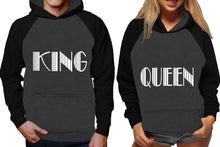 將圖片載入圖庫檢視器 King and Queen raglan hoodies, Matching couple hoodies, Black Charcoal his and hers man and woman contrast raglan hoodies
