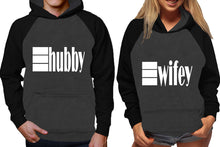 Load image into Gallery viewer, Hubby and Wifey raglan hoodies, Matching couple hoodies, Black Charcoal his and hers man and woman contrast raglan hoodies