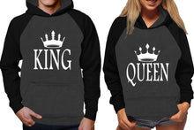 將圖片載入圖庫檢視器 King and Queen raglan hoodies, Matching couple hoodies, Black Charcoal his and hers man and woman contrast raglan hoodies