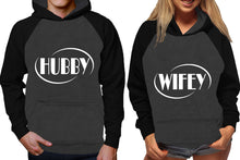 Load image into Gallery viewer, Hubby and Wifey raglan hoodies, Matching couple hoodies, Black Charcoal his and hers man and woman contrast raglan hoodies