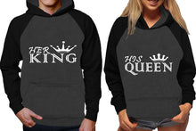 Load image into Gallery viewer, Her King and His Queen raglan hoodies, Matching couple hoodies, Black Charcoal his and hers man and woman contrast raglan hoodies