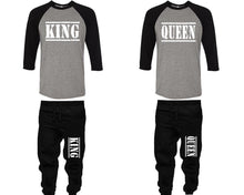 Load image into Gallery viewer, King and Queen baseball shirts, matching top and bottom set, Black Grey Black baseball shirts, men joggers, shirt and jogger pants women. Matching couple joggers