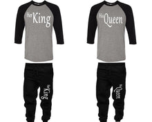 將圖片載入圖庫檢視器 Her King and His Queen baseball shirts, matching top and bottom set, Black Grey Black baseball shirts, men joggers, shirt and jogger pants women. Matching couple joggers