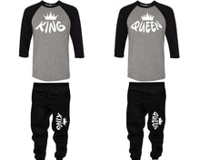 Load image into Gallery viewer, King and Queen baseball shirts, matching top and bottom set, Black Grey Black baseball shirts, men joggers, shirt and jogger pants women. Matching couple joggers