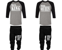 Load image into Gallery viewer, Her King and His Queen baseball shirts, matching top and bottom set, Black Grey Black baseball shirts, men joggers, shirt and jogger pants women. Matching couple joggers