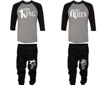 Load image into Gallery viewer, Her King and His Queen baseball shirts, matching top and bottom set, Black Grey Black baseball shirts, men joggers, shirt and jogger pants women. Matching couple joggers
