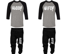 將圖片載入圖庫檢視器 Hubby and Wifey baseball shirts, matching top and bottom set, Black Grey Black baseball shirts, men joggers, shirt and jogger pants women. Matching couple joggers