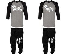 將圖片載入圖庫檢視器 Hubby and Wifey baseball shirts, matching top and bottom set, Black Grey Black baseball shirts, men joggers, shirt and jogger pants women. Matching couple joggers