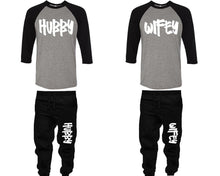 將圖片載入圖庫檢視器 Hubby and Wifey baseball shirts, matching top and bottom set, Black Grey Black baseball shirts, men joggers, shirt and jogger pants women. Matching couple joggers