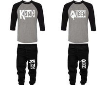 Load image into Gallery viewer, King and Queen baseball shirts, matching top and bottom set, Black Grey Black baseball shirts, men joggers, shirt and jogger pants women. Matching couple joggers