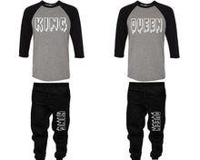 將圖片載入圖庫檢視器 King and Queen baseball shirts, matching top and bottom set, Black Grey Black baseball shirts, men joggers, shirt and jogger pants women. Matching couple joggers