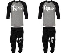 將圖片載入圖庫檢視器 King and Queen baseball shirts, matching top and bottom set, Black Grey Black baseball shirts, men joggers, shirt and jogger pants women. Matching couple joggers