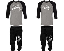 將圖片載入圖庫檢視器 Hubby and Wifey baseball shirts, matching top and bottom set, Black Grey Black baseball shirts, men joggers, shirt and jogger pants women. Matching couple joggers