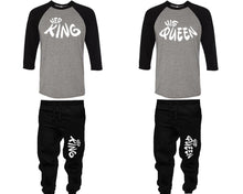 將圖片載入圖庫檢視器 Her King and His Queen baseball shirts, matching top and bottom set, Black Grey Black baseball shirts, men joggers, shirt and jogger pants women. Matching couple joggers