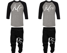 Load image into Gallery viewer, Mr and Mrs baseball shirts, matching top and bottom set, Black Grey Black baseball shirts, men joggers, shirt and jogger pants women. Matching couple joggers