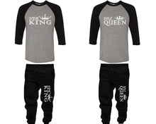 將圖片載入圖庫檢視器 Her King and His Queen baseball shirts, matching top and bottom set, Black Grey Black baseball shirts, men joggers, shirt and jogger pants women. Matching couple joggers